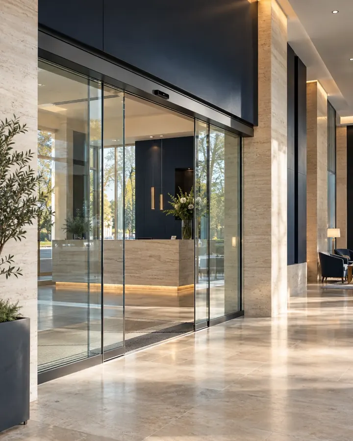 Entrada automática de vidro integrada a um lobby contemporâneo